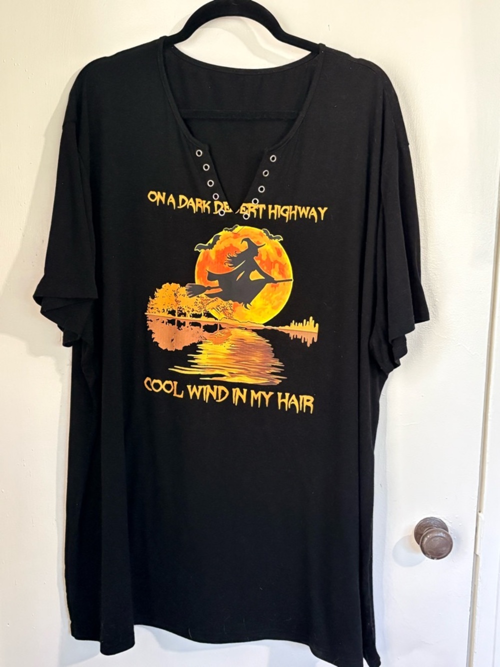 Womens 4X Halloween Witch Graphic Tee Black V Neck Lace Up Top